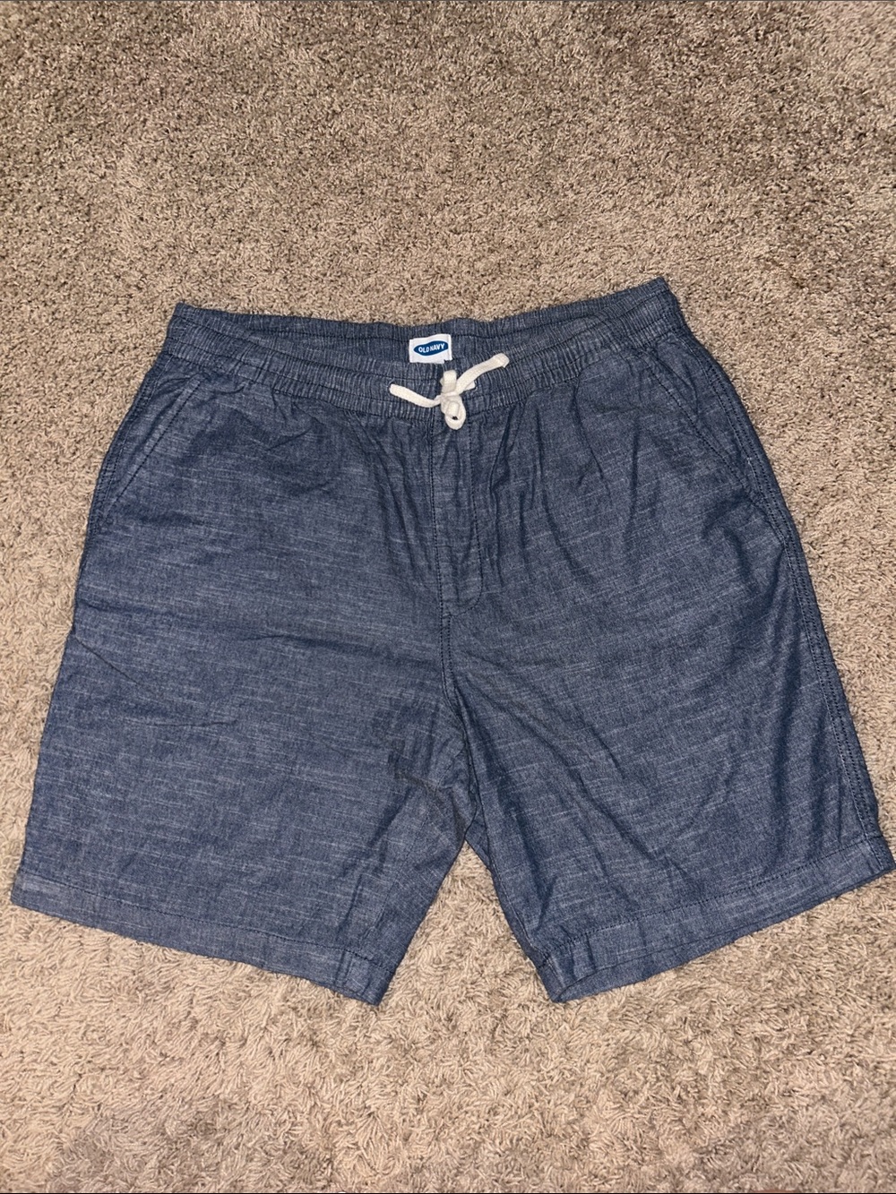 Old Navy Men's Chambray Navy Elastic Waist Shorts with White Drawstring